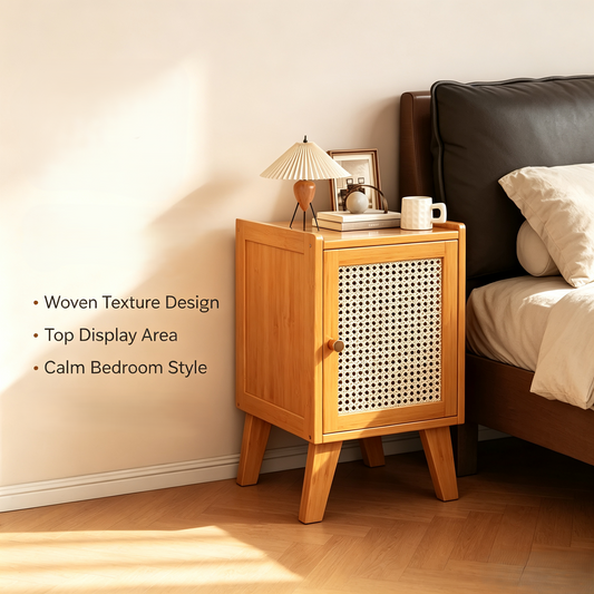 Rattan Door Nightstand Bedside Storage Cabinet