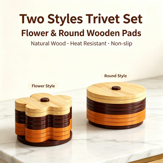 Flower Shape Wooden Trivet &amp; Coaster Set with Storage Stand