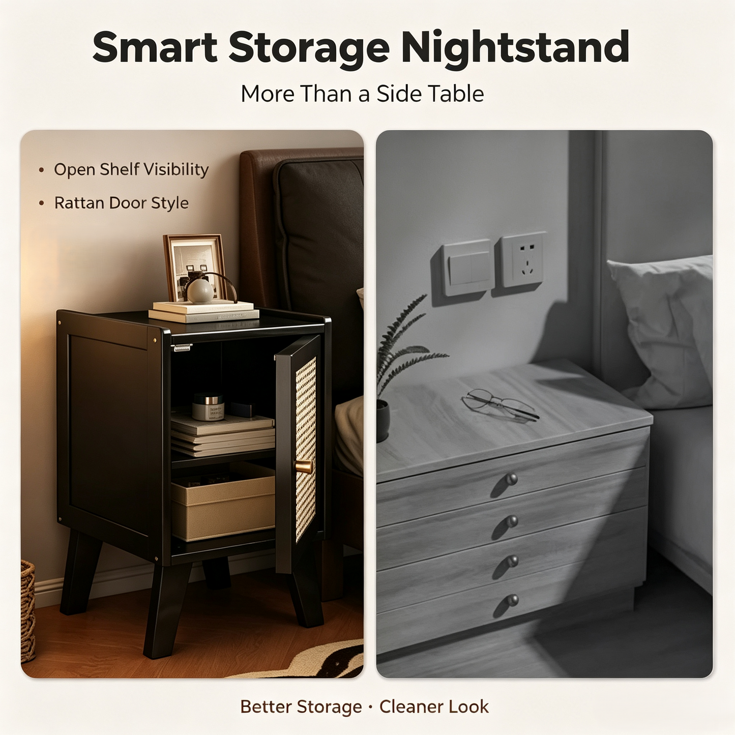 Rattan Door Nightstand Bedside Storage Cabinet