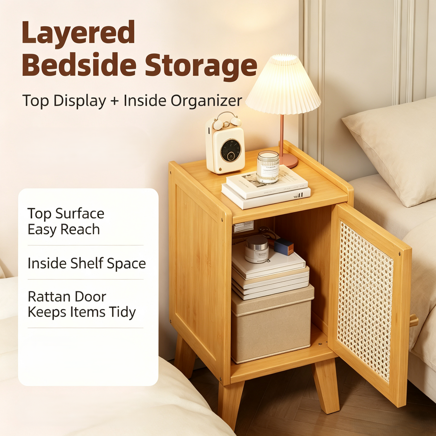 Rattan Door Nightstand Bedside Storage Cabinet