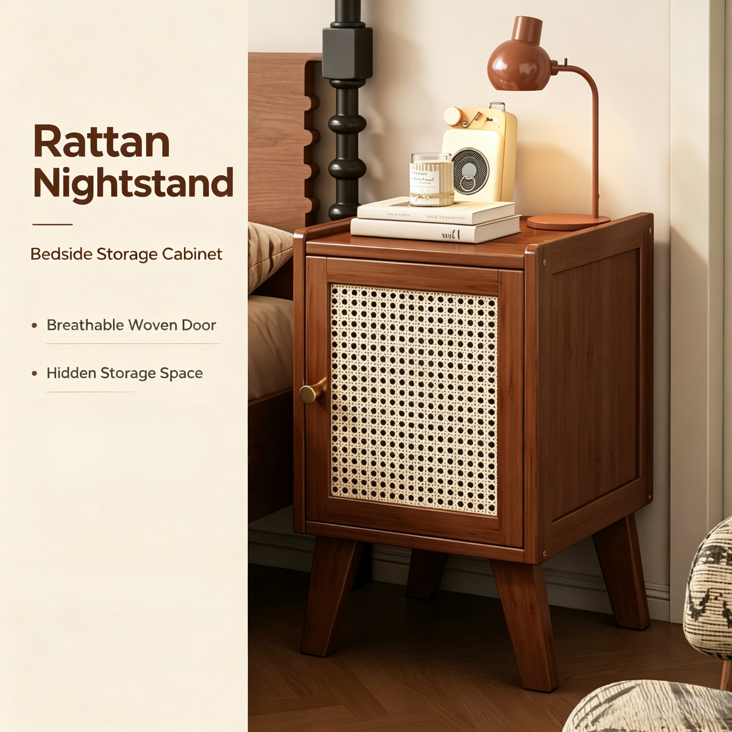 Rattan Door Nightstand Bedside Storage Cabinet
