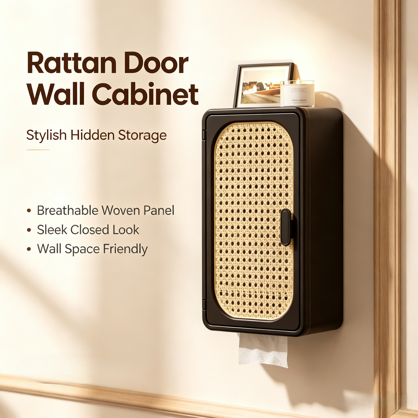 Rattan Door Wall-Mounted Storage Cabinet with Tissue Holder
