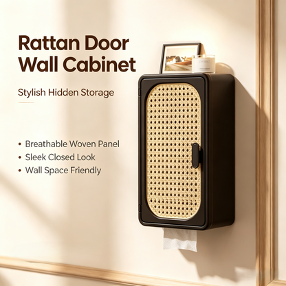 Rattan Door Wall-Mounted Storage Cabinet with Tissue Holder