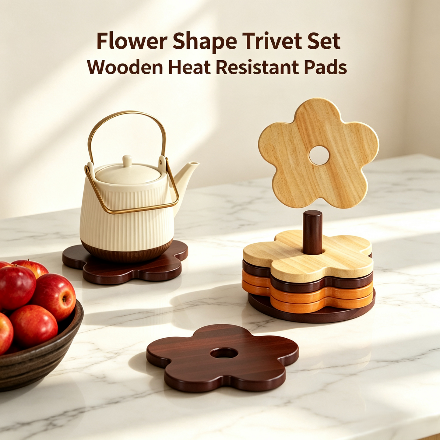 Flower Shape Wooden Trivet &amp; Coaster Set with Storage Stand