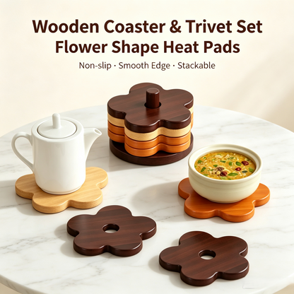 Flower Shape Wooden Trivet &amp; Coaster Set with Storage Stand