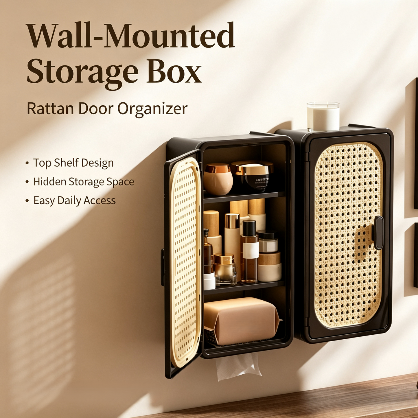 Rattan Door Wall-Mounted Storage Cabinet with Tissue Holder